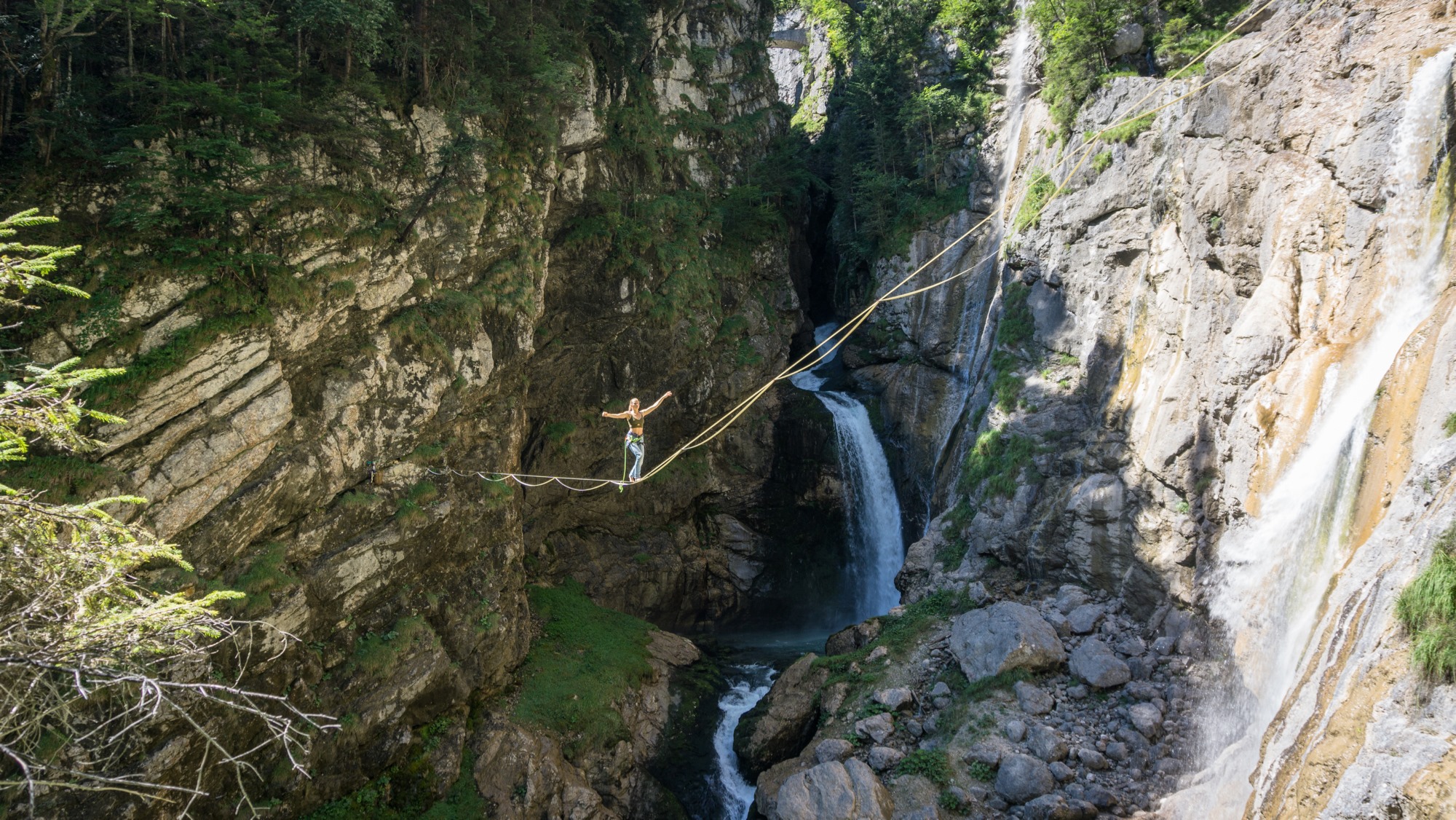 A highline across a waterfall