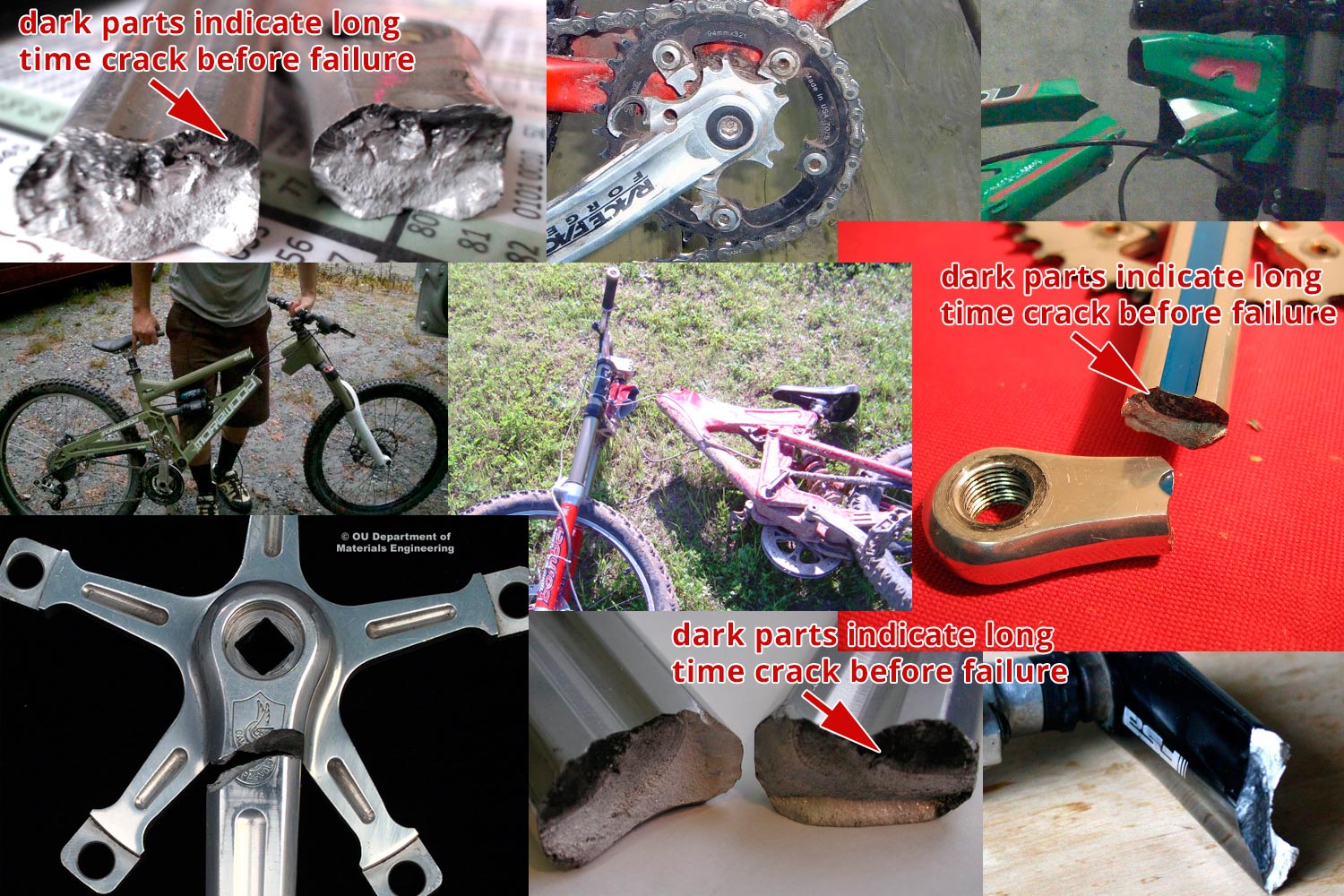 broken bicycle parts due to micro-cracks and cyclic loading causing fatigue